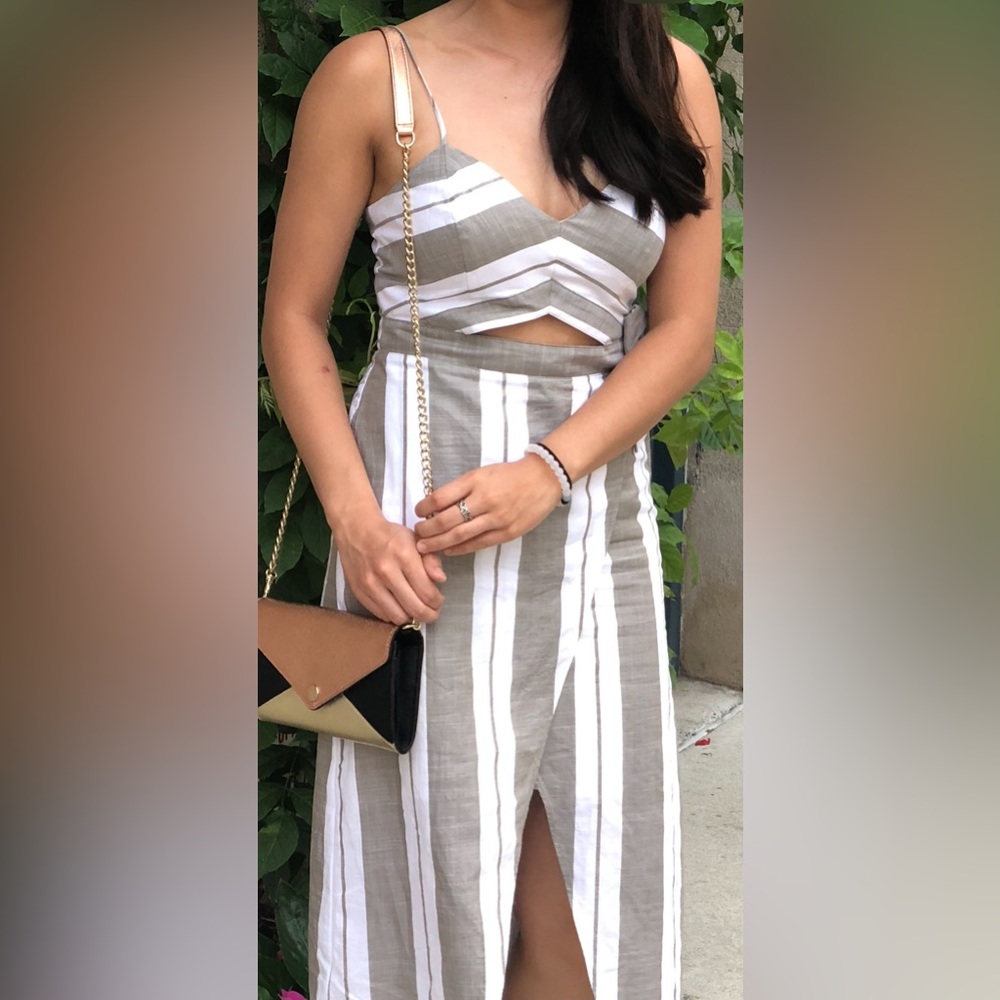 Express - Striped Cut-Out Faux Front Wrap Midi Dress in Coastal Green 2